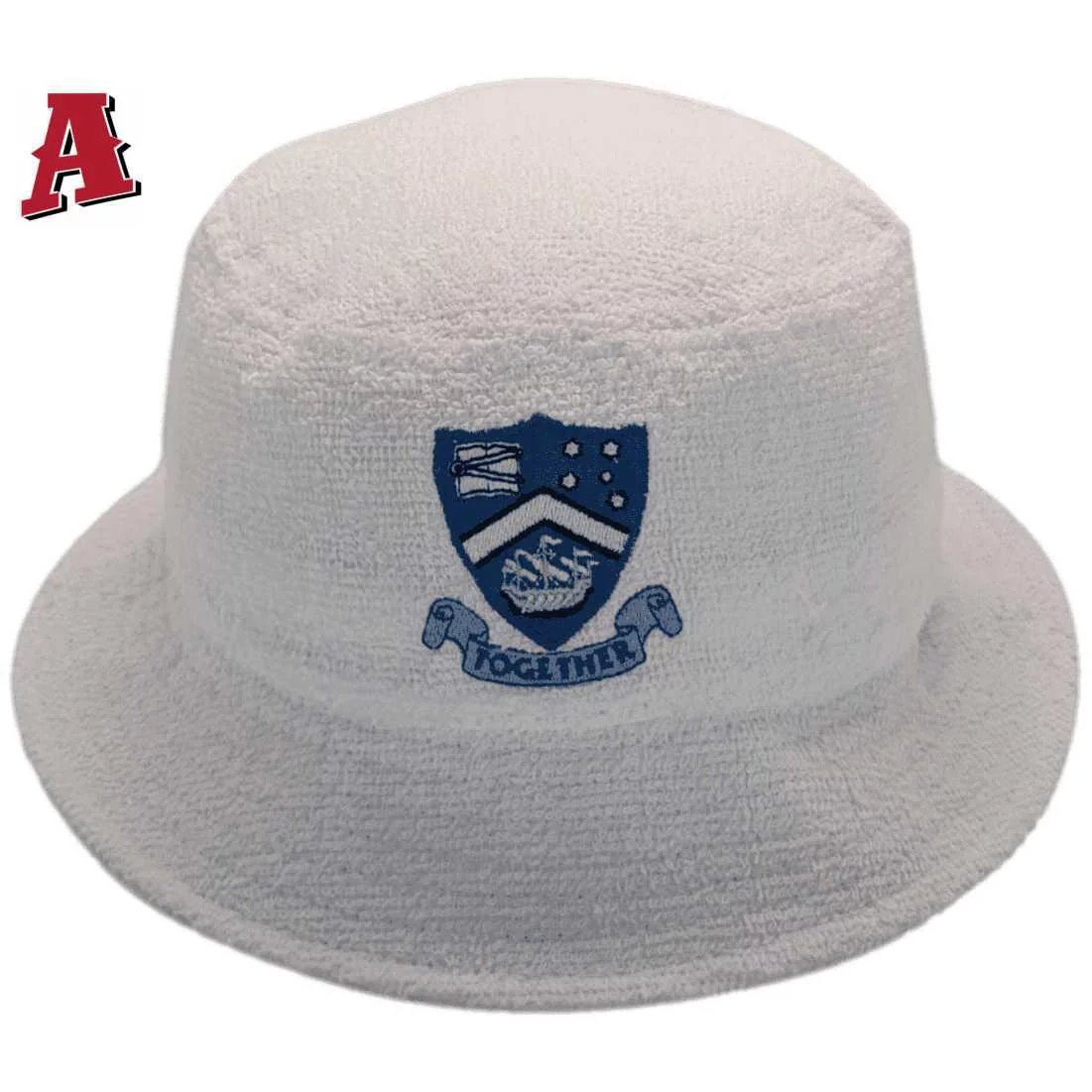 The Women's College Carillion Ave Newtown NSW Terry Toweling Aussie Bucket Hat Fitted 58cm 5.5cm Brim White