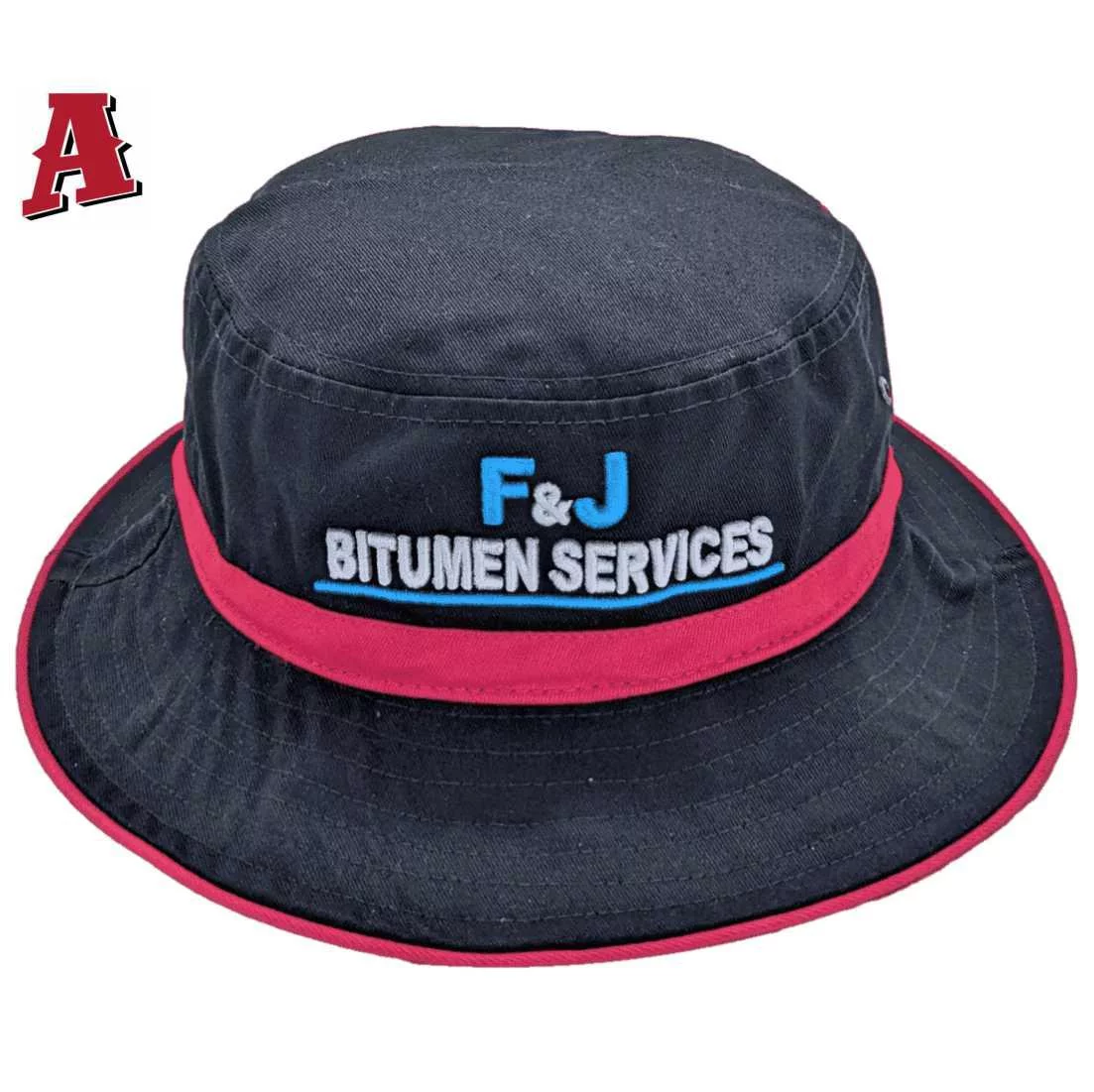 F&J Bitumen Services Humpty Doo NT Aussie Bucket Hat One Size Fits All with Optional Brim Size 5cm to 7.5cm Black Red