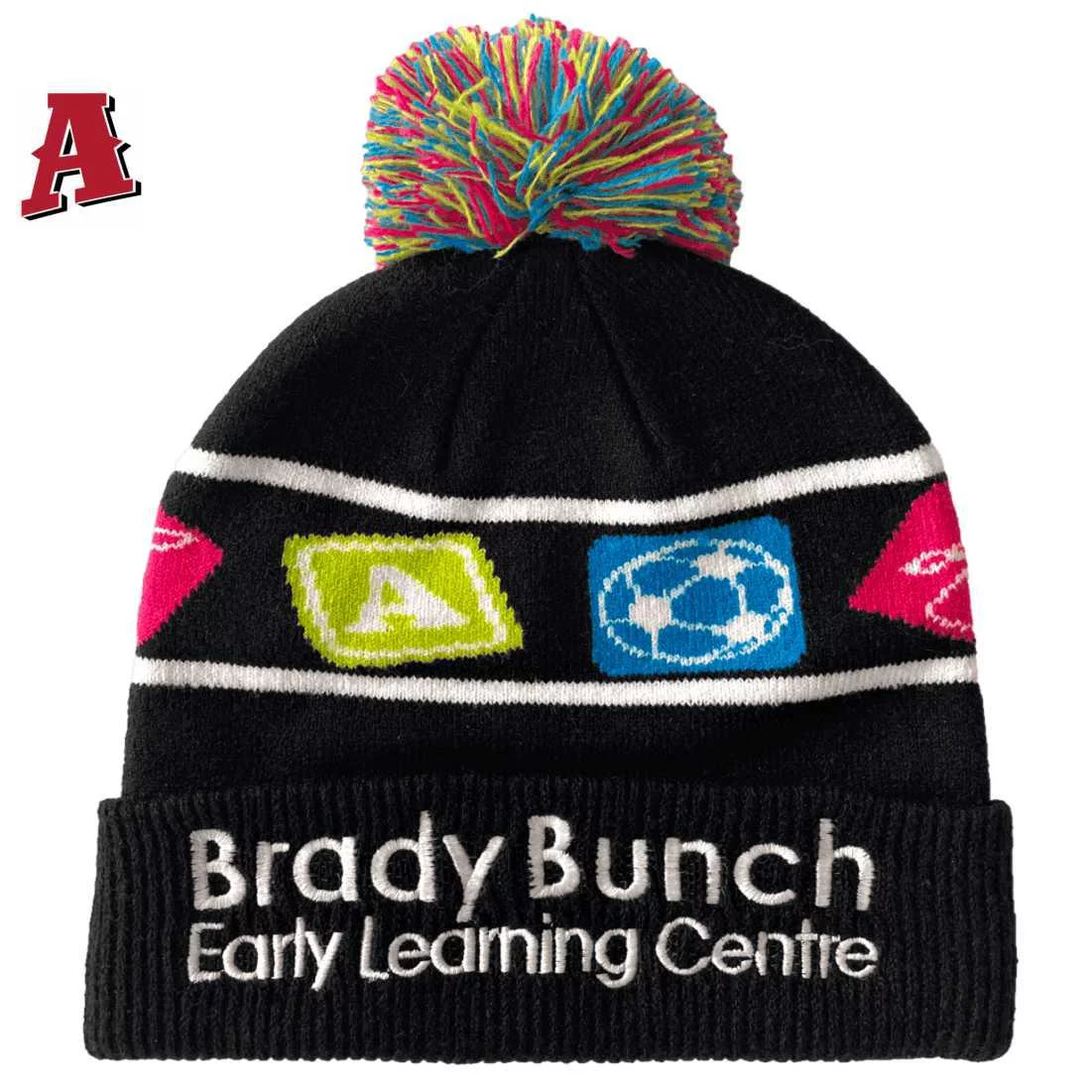 Brady Bunch Early Learning Centre Burpengary Qld Aussie Acrylic Beanie Childs Size with Pom Pom Black White