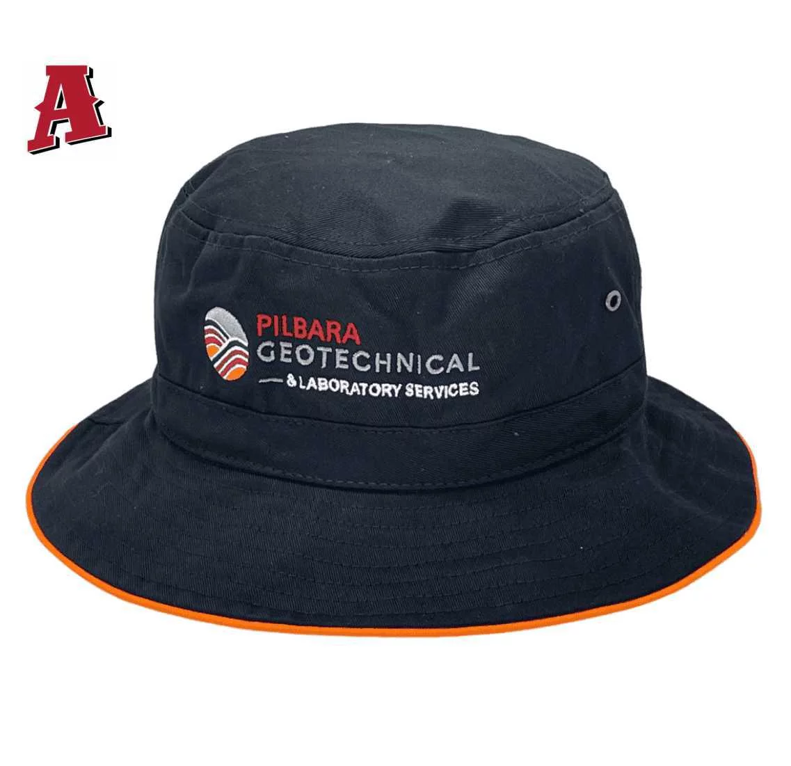 Pilbara Geotechnical & Laboratory Services Paraburdoo WA Aussie Bucket Hat One Size Fits with Toggle Adjuster Crown and Optional Brim Width Black Orange
