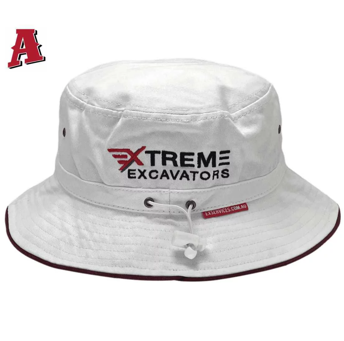 EXtreme Excavations Mackay Qld Aussie Bucket Hat One Size Fits All with Crown Toggle and Optional Brim Width White Maroon