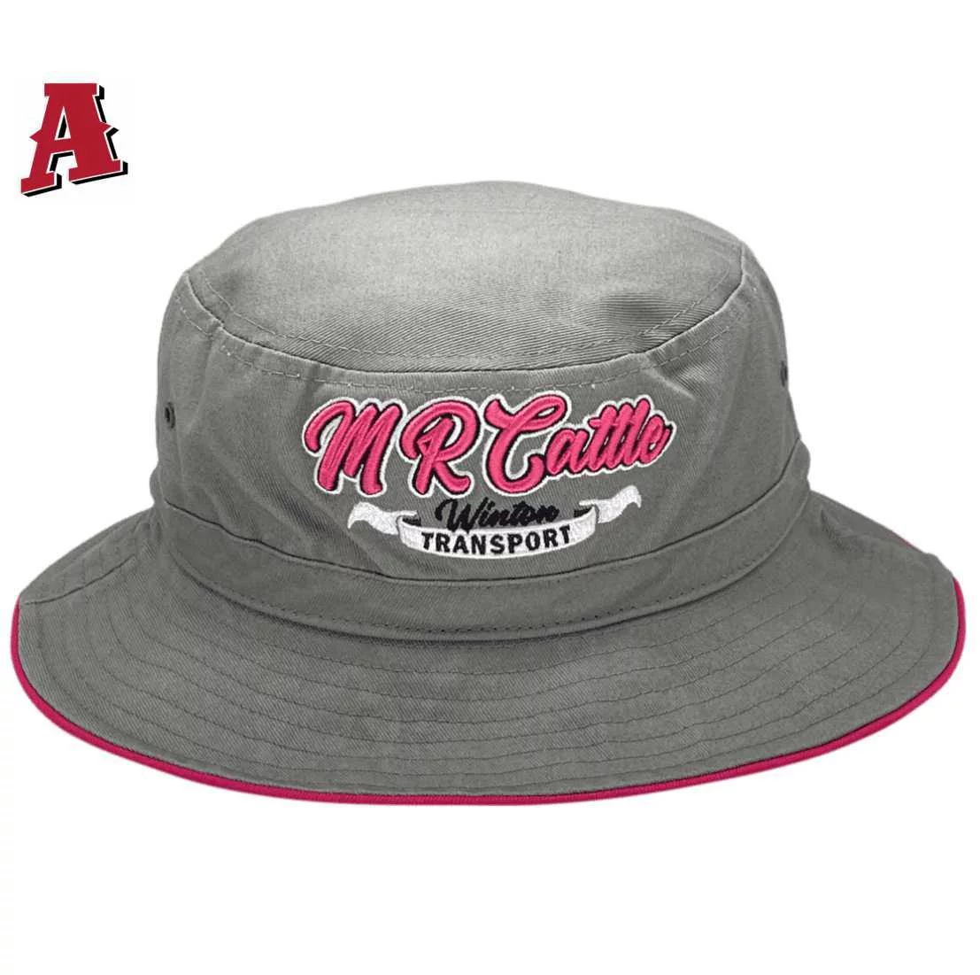 MR Cattle Winton Transport Winton Qld Aussies Bucket Hat with Adjustable Crown Toggle and Optional Brim Size 5cm-7.5cm Grey Pink