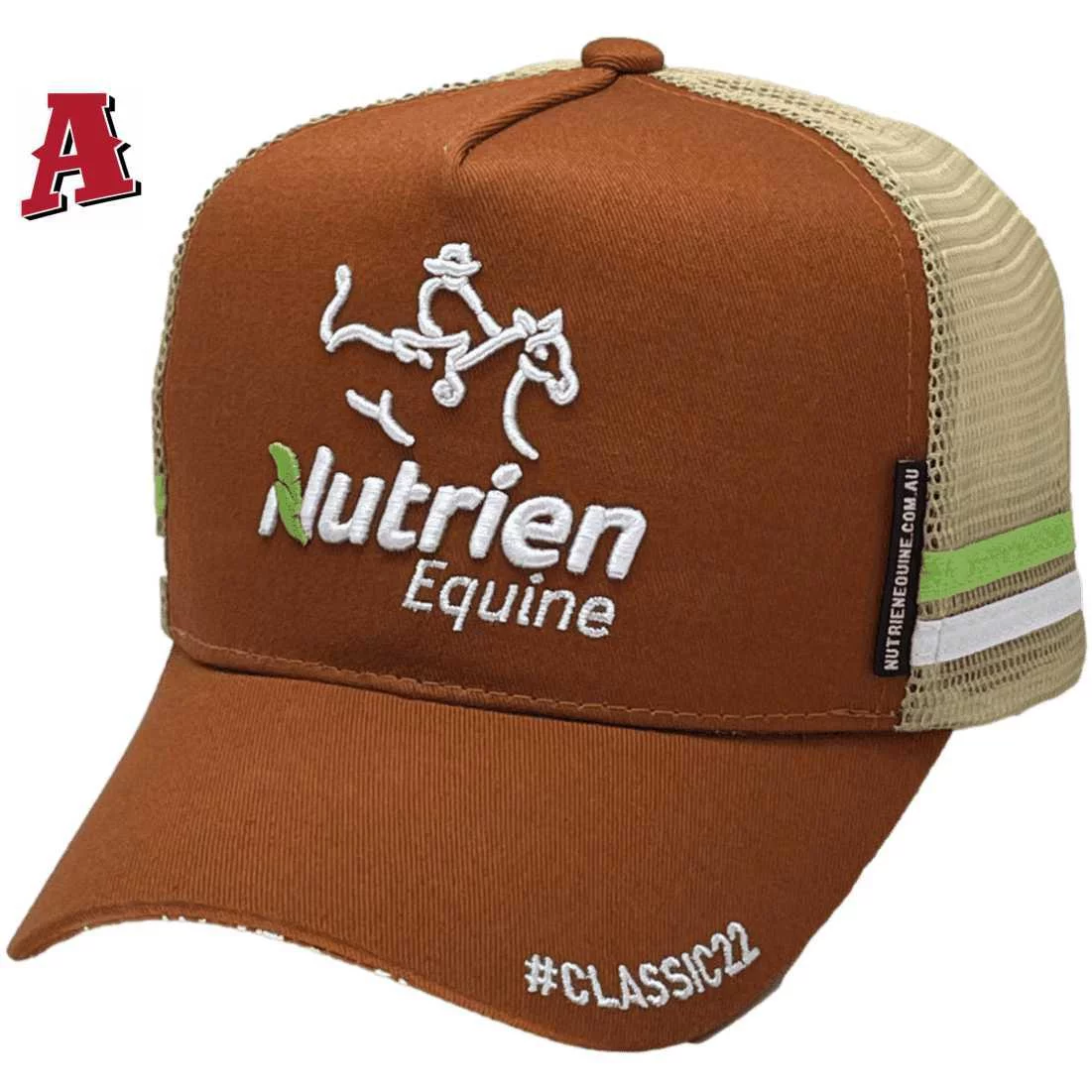 Nutrien Equine Classic Tamworth NSW HP Midrange Aussie Trucker Hat with Australian Head Fit Crown and Double Side Bands -Rust Khaki Lime White