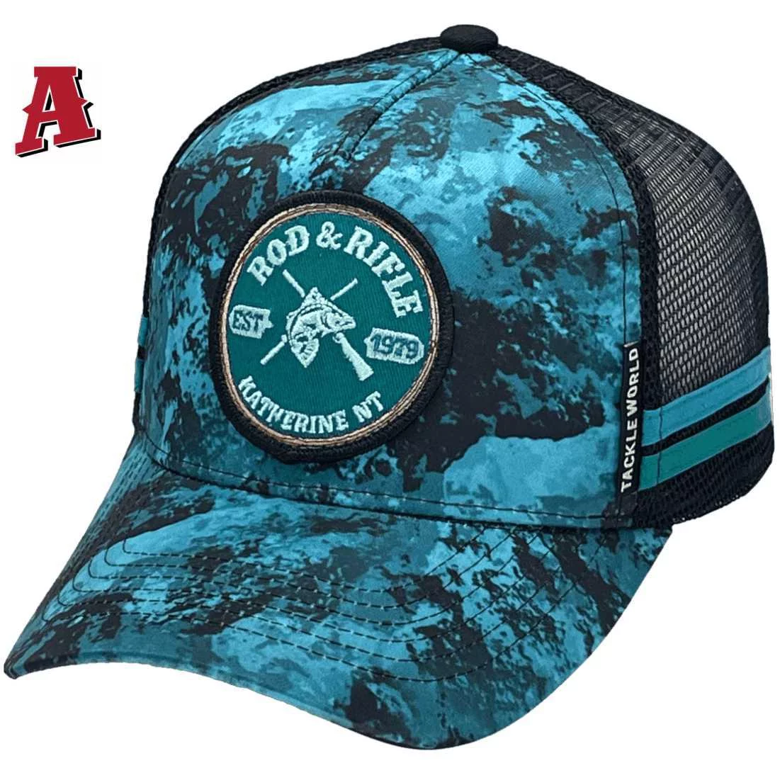 Rod and Rifle Tackleworld Katherine NT LP Midrange Aussie Trucker Hat with Australian Head Fit Crown and 2 Side Bands Camo Substrate Sky Subdued
