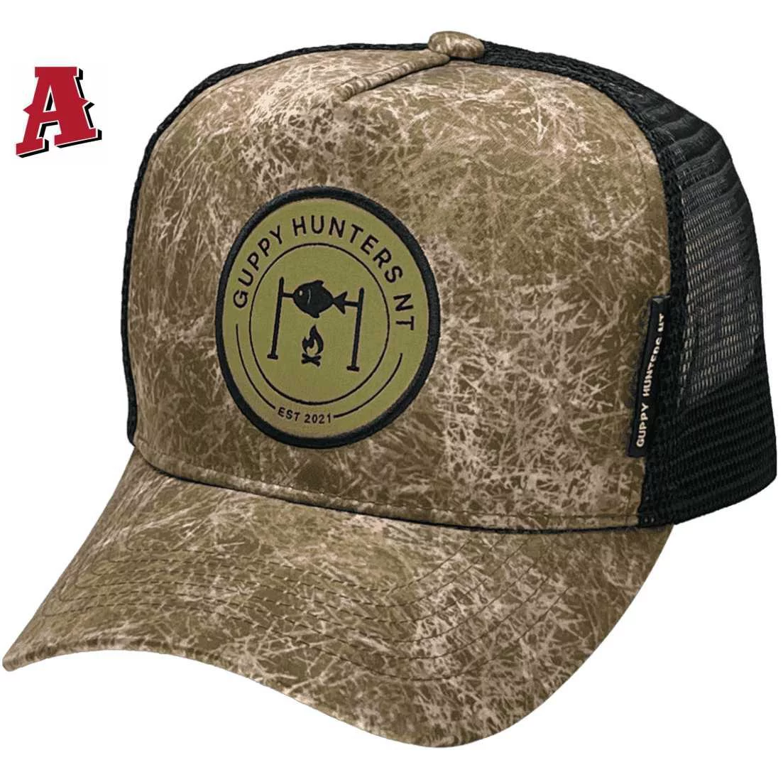 Guppy Hunters NT HP Midrange Aussie Trucker Hats with Australian Head Fit Crown with Substrate Scrubgrass Camo