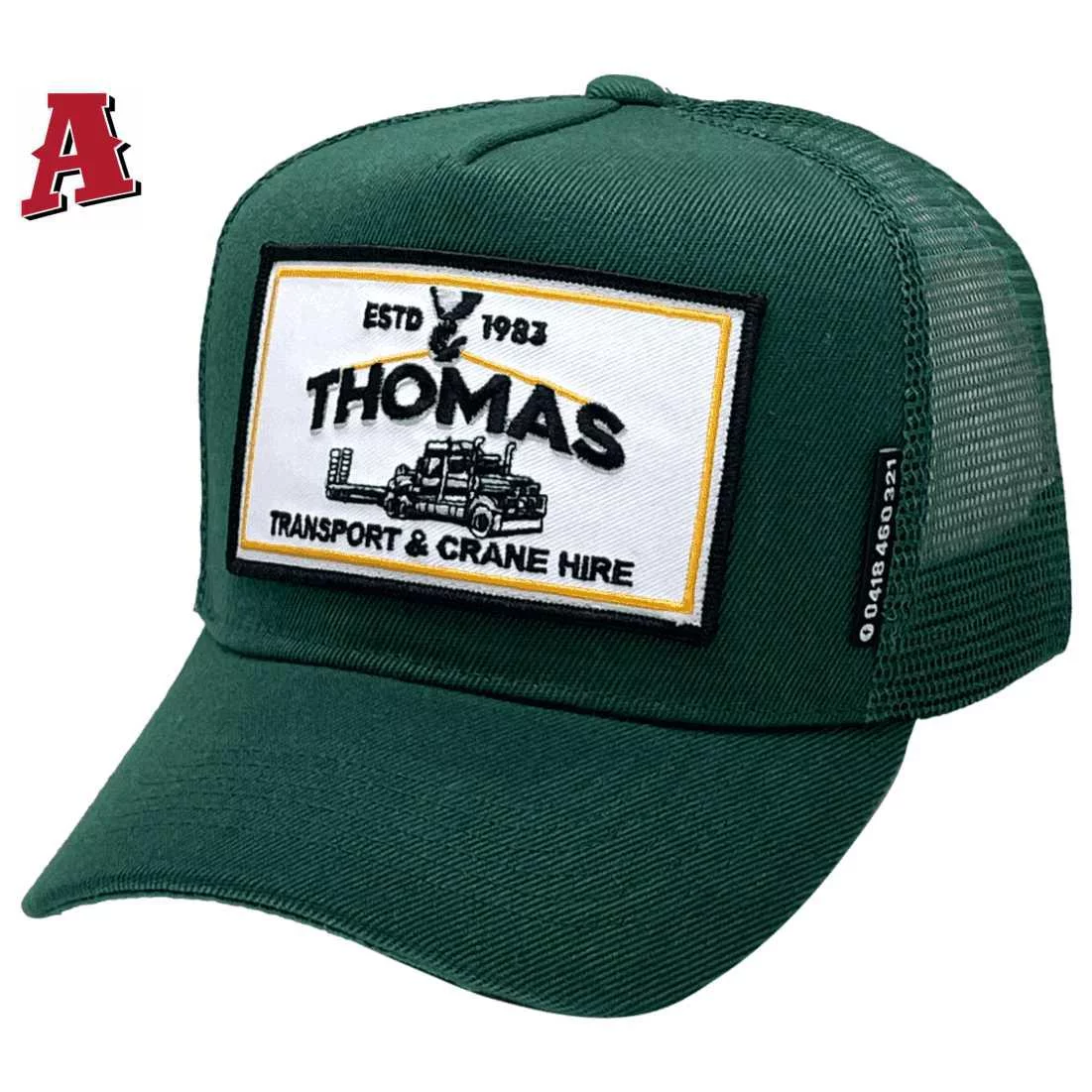 Thomas Transport and Crane Hire Kiels Mountain QLD HP Basic Aussie Trucker hats with Australian Head Fit Crown and Double Side Stripes Bottle Green