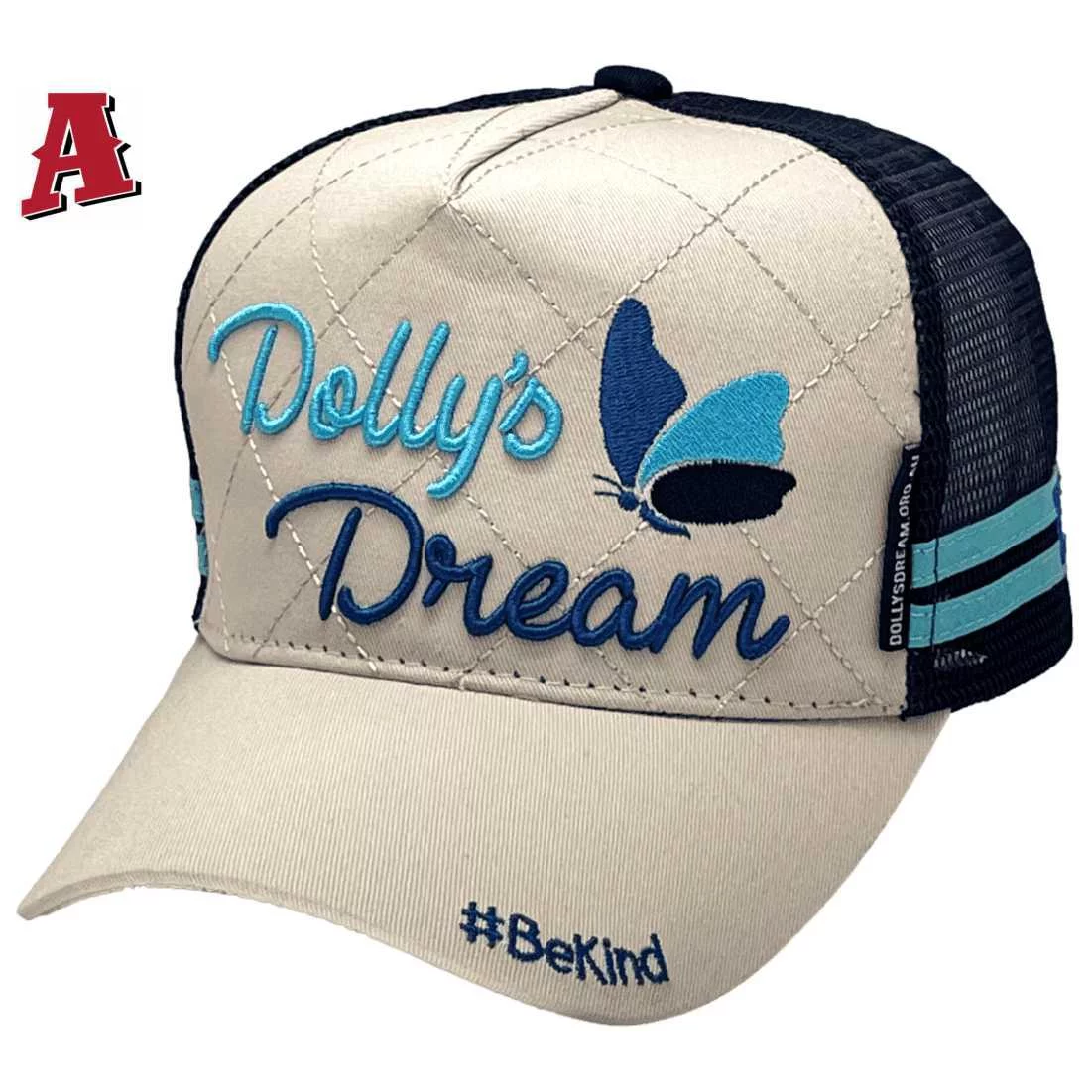 Dolly's Dream Foundation #BeKind Power Aussie Trucker Hat LP with Australian Head Fit Crown and 2 Side Stripes Light Khaki Navy Aqua