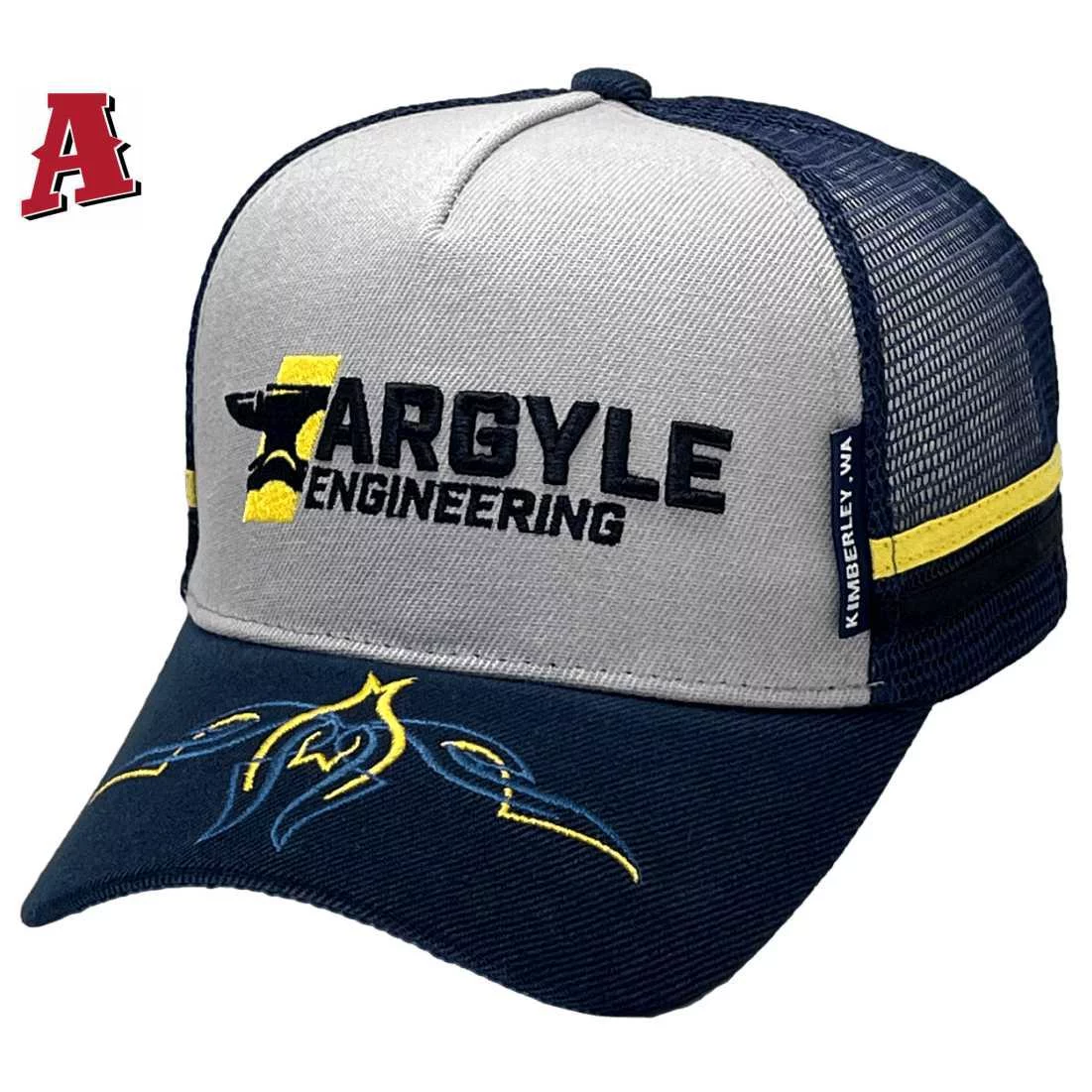 Argyle Engineering Kununurra WA LP Power Aussie Trucker Hat LP with Australian Head Fit Crown and Double Side Bands Grey Navy Yellow