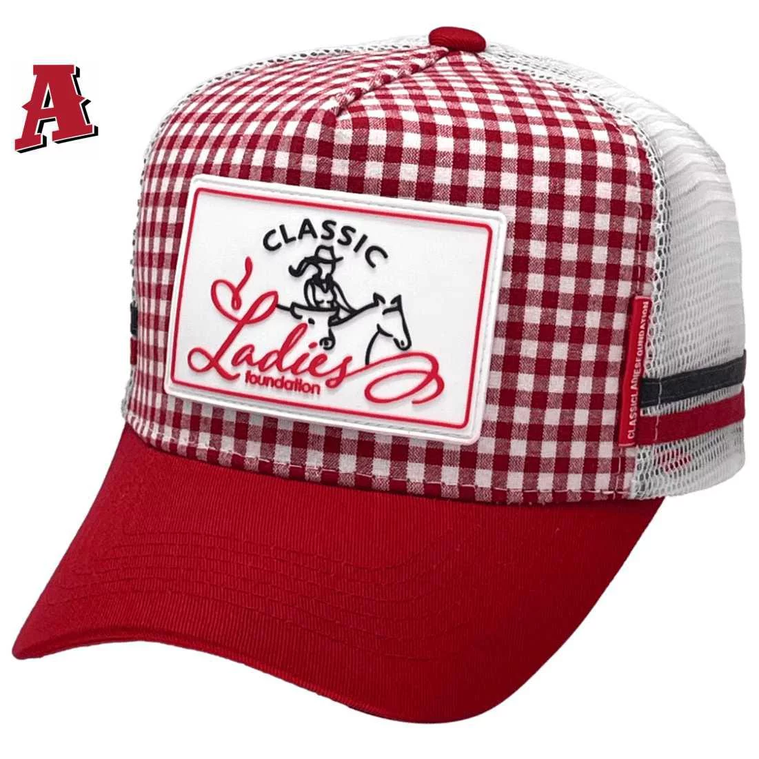 Classic Ladies Foundation Australia Midrange Aussie Trucker Hat HP with Double Side Bands and Rubber Badge Decoration in Red White Gingham Crown