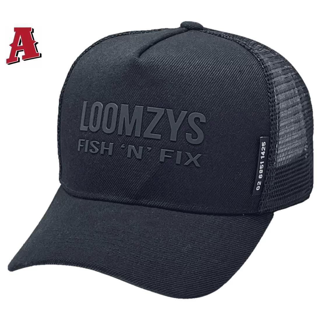 Loomzys Fish N Fix Forbes NSW HP Basic Aussie Trucker Hats with Australian Head Crown and 3d Plastiweld Logo Black