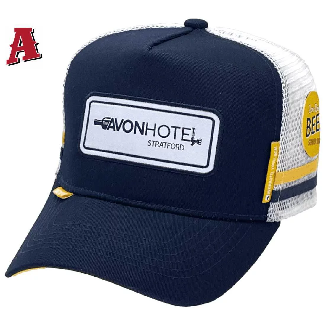 The Avon Hotel Stratford Stratford VIC HP Midrange Aussie Trucker Hat with Australian Head Fit Crown and Double Side Bands Navy White Yellow