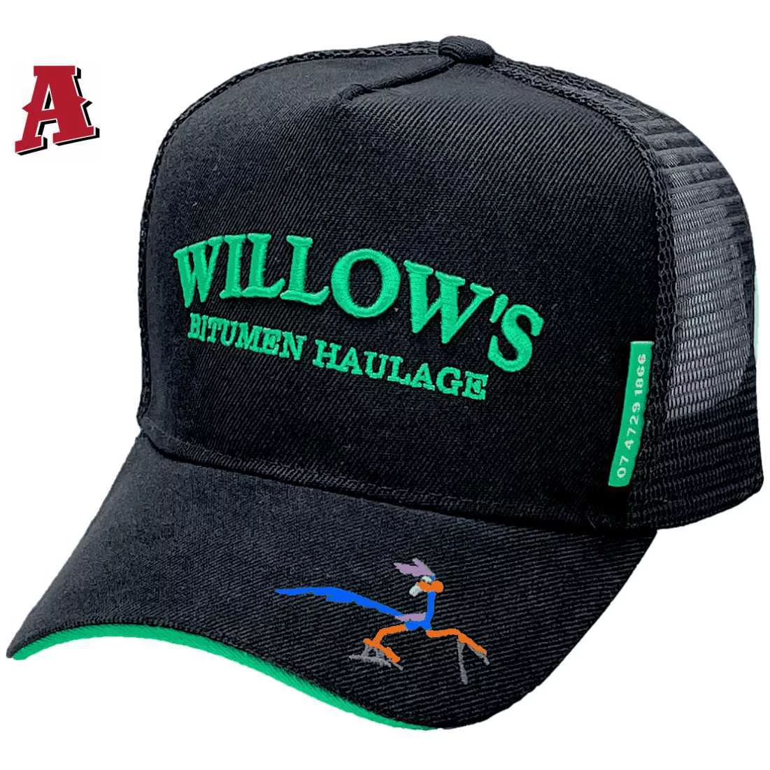 Willow's Bitumen Haulage Stuart QLD HP Midrange Aussie Trucker Hats with Australian Head Fit Crown and Double SideBands - Black Green