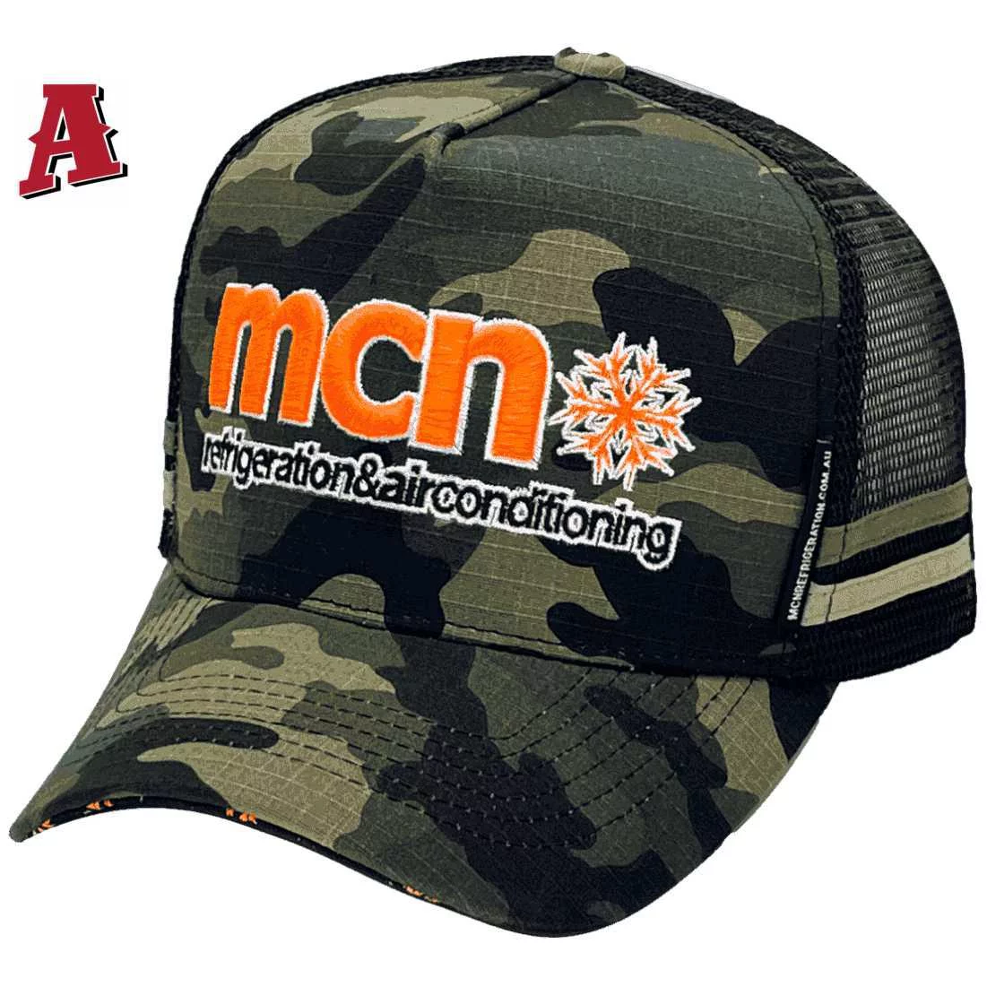 MCN Refrigeration & Airconditioning Ripstop Camo Kempsey NSW HP Midrange Aussie Trucker Hat with Double Side Bands and Australian Head Fit Crown Ripstop Green Camo