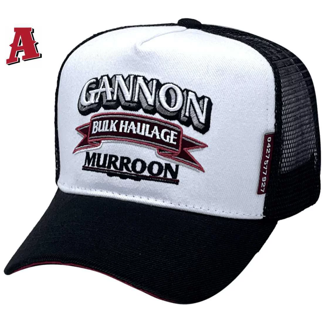 Gannon Bulk Haulage Murroon Vic Basic Aussie Trucker Hats with Australian Head Fit Crown High Profile White Black