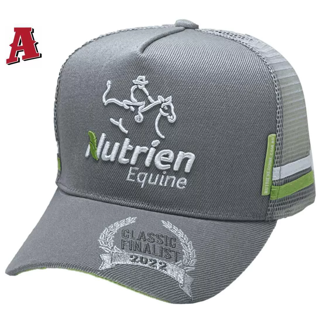 Nutrien Equine Tamworth NSW HP Midrange Aussie Trucker Hats with Australian Head Fit Crown and Double Side Bands Silver Grey Lime White