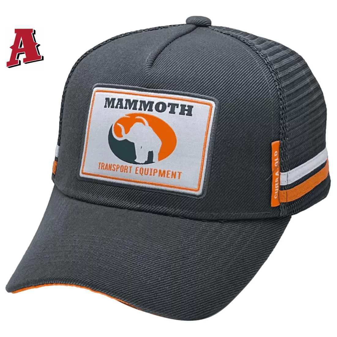 Mammoth Transport Equipment  Wynnum QLD LP Basic Aussie Trucker Hats with 2 Side Bands and Australian Head Fit Crown Dark Grey Orange