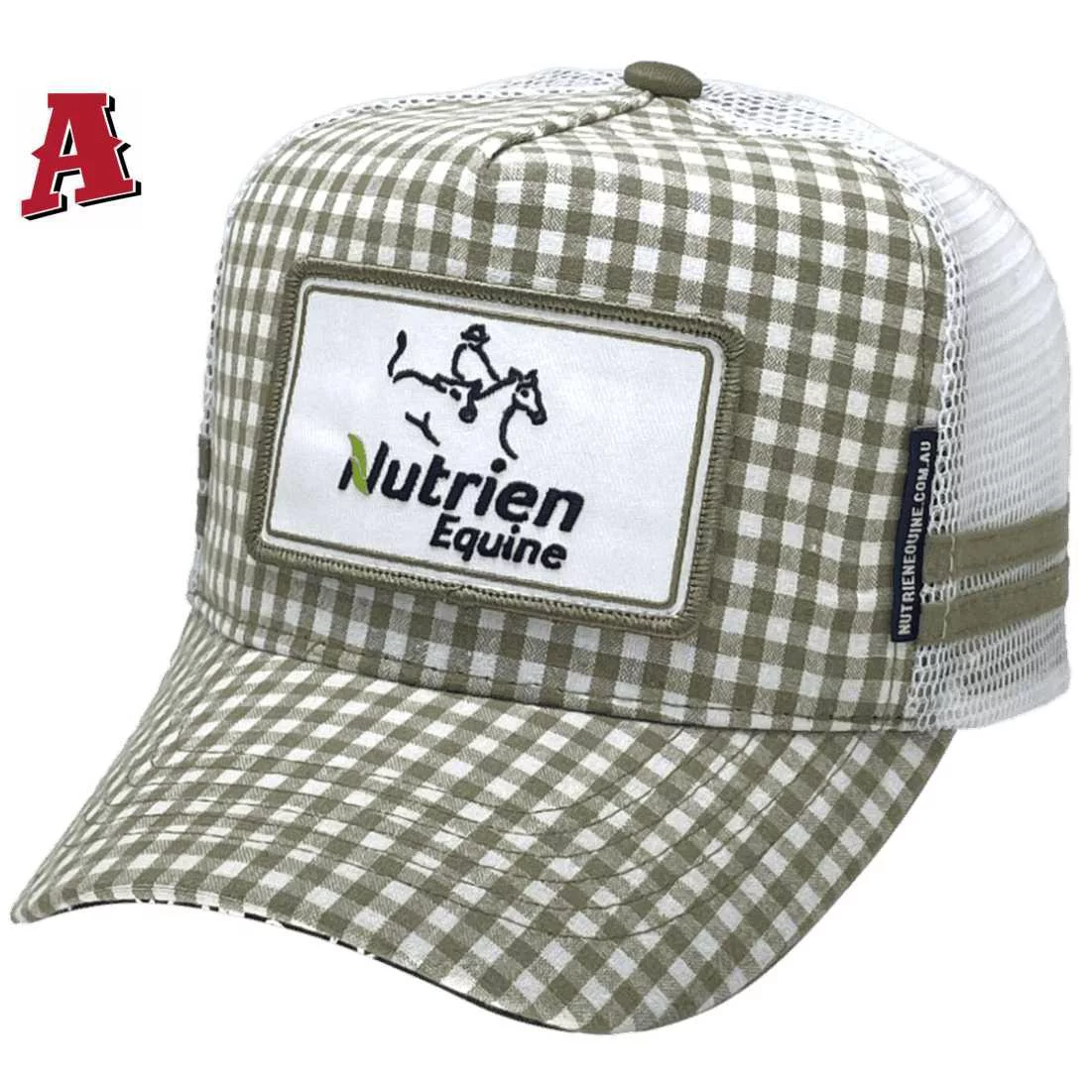 Nutrien Equine Tamworth Gingham Olive HP Midrange Aussie Trucker Hats with Australian Head Fit Crown and Double SideBands - Olive Gingham White
