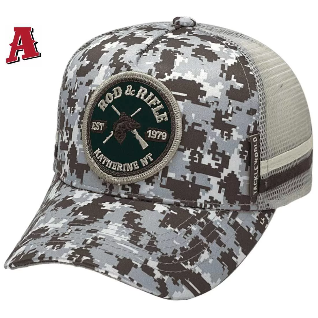 Rod & Rifle Katherine NT Sublimated Digital Camo LP Midrange Aussie Trucker Hat with Double Side Bands and Australian Head Fit Crown Grey Cream Brown