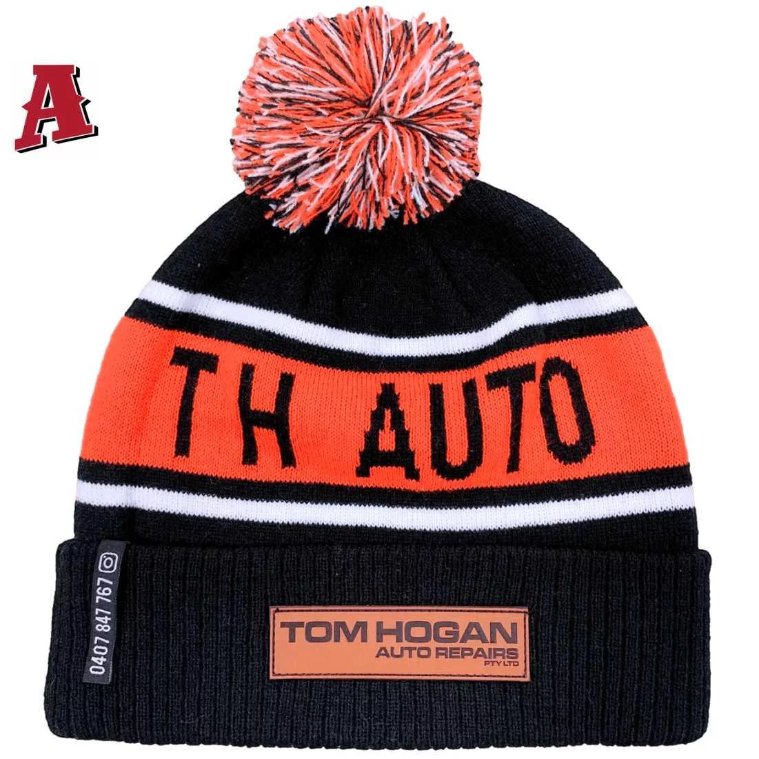 Tom Hogan Auto Repairs Kialla West Victoria Aussie Acrylic Beanie One Size Fits All with Pom Pom and Roll-up Ribbed Cuff Black Orange White