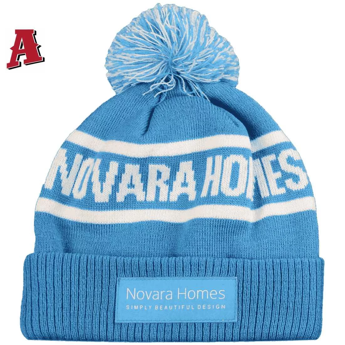 Novara Homes Warrnambool VIC Aussie Acrylic Beanie with Roll-up Ribbed Cuff and Pom Pom with Sewn-on Badge Sky Blue White