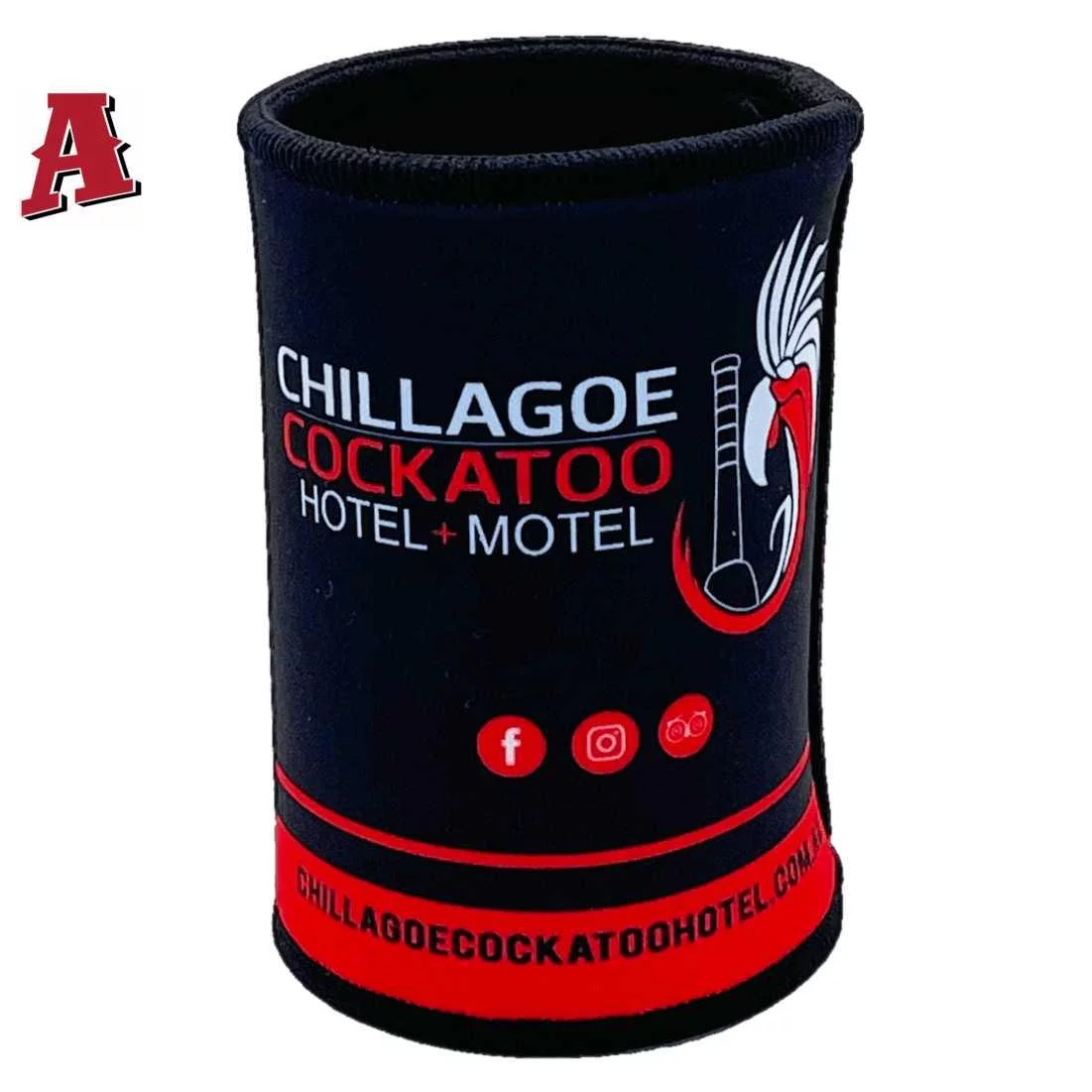 Chillagoe Cockatoo Hotel Motel Chillagoe QLD Custom Stubby Holder, Koozie, 5mm Premium Neoprene with Glued & Stitched Seams Black
