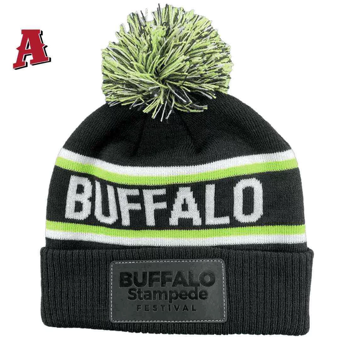 Buffalo Stampede Festival Bright VIC Aussie Trucker Hats Beanie with Acrylic Roll-up Cuff with Pom Pom One Size Fits All Black White Lime