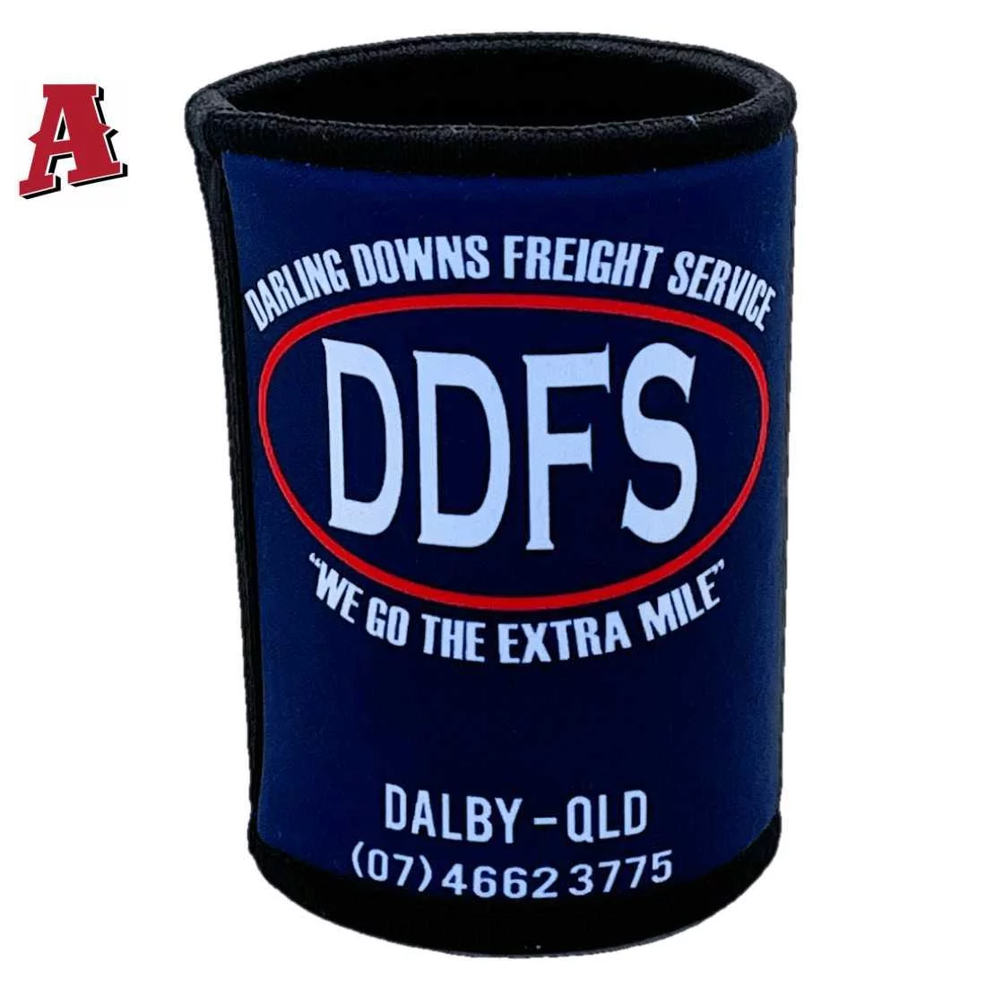 Darling Downs Freight Service Dalby QLD Custom Stubby Holder - Koozie - 5mm Neoprene Glued & Stitched Top & Bottom Seams Navy