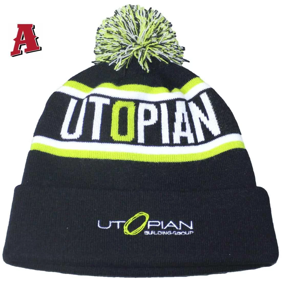 Utopian Building Group Braeside Victoria Aussie Custom Beanie with Pom POM and Roll-up Cuff One Size Fits All Black Green White