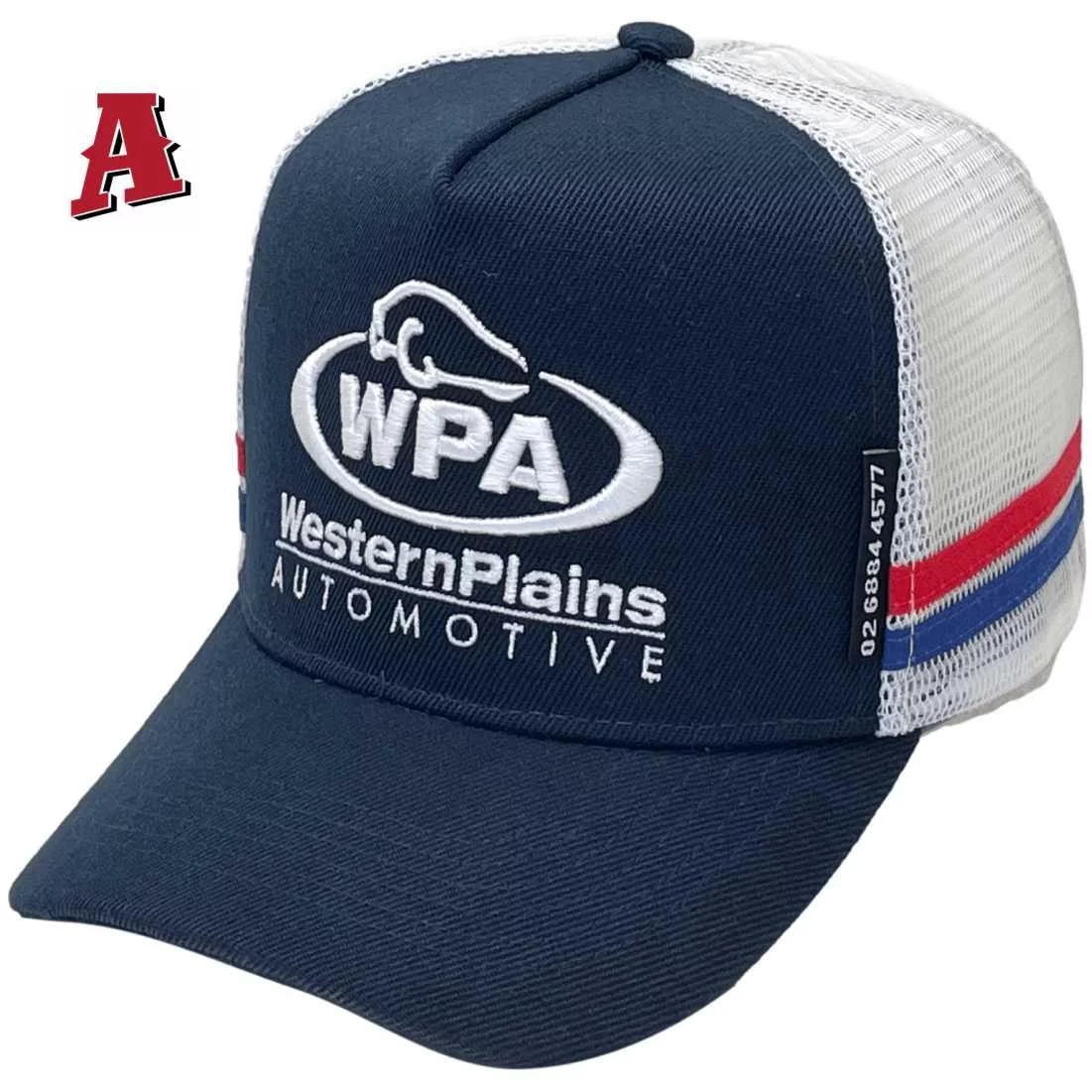 Western Plains Automotive Dubbo NSW Aussie Trucker Hats with Double Side Bands High Profile Snapback with Australian Head Fit Navy White Red Royal