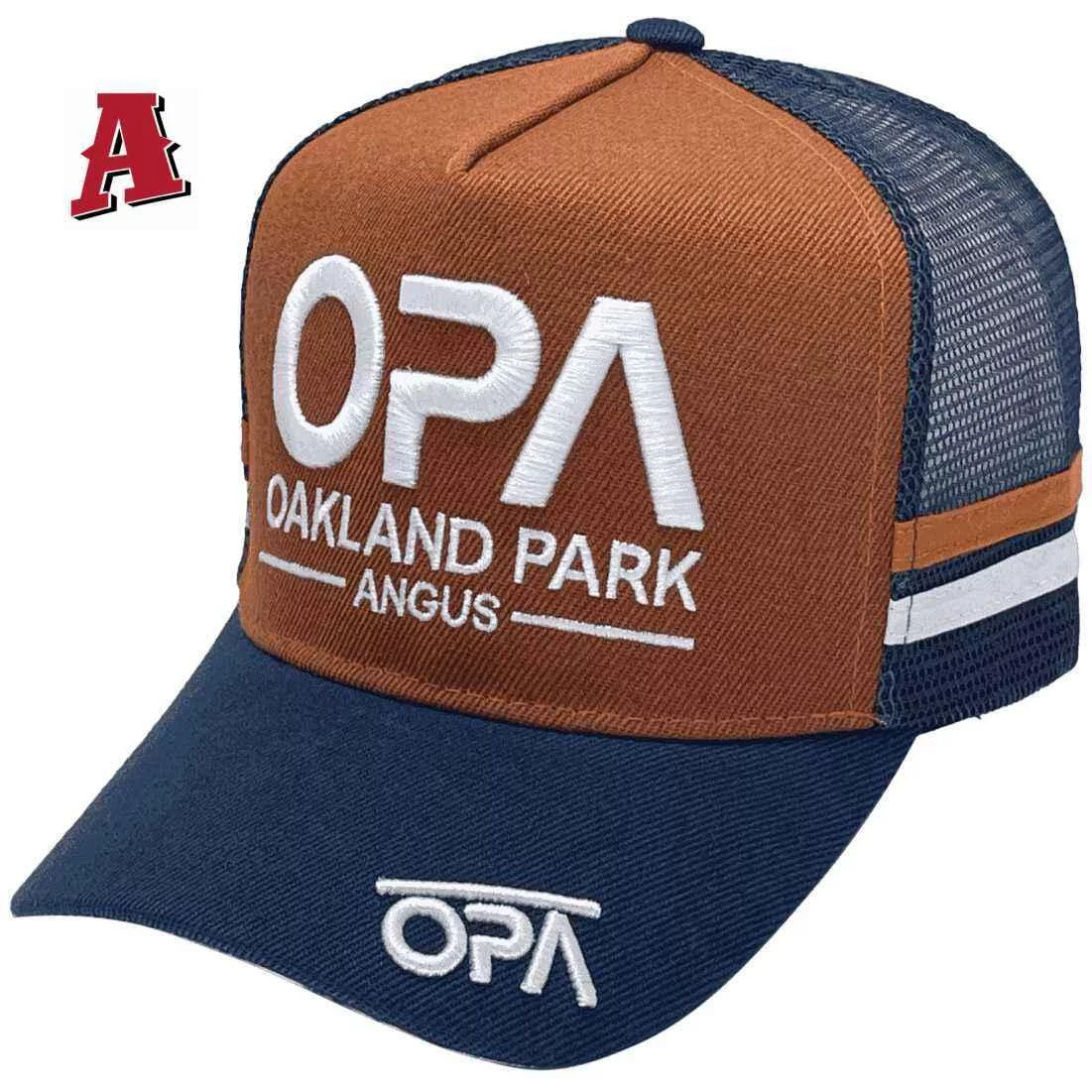 Oakland Park Angus Kempsey NSW Original Midrange Aussie Trucker Hats with Double Sidebands and Australian Head Fit Crown Rust Navy White