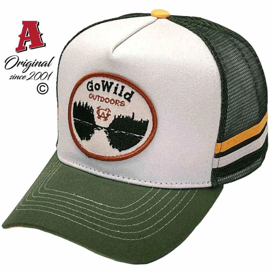 Go Wild Outdoors Queenton Qld Midrange Aussie Trucker Hats with Australian Head Fit Crown & Double Side Bands Green Cream Orange
