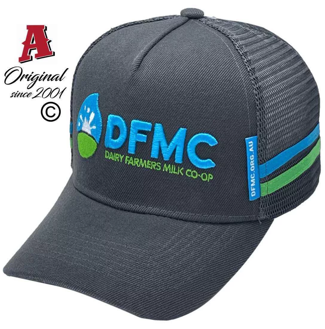 Dairy Farmers Milk Co-op West End QLD Basic Aussie Trucker Hats with Double Sidebands and Australian Headfit Crown Charcoal Aqua Lime
