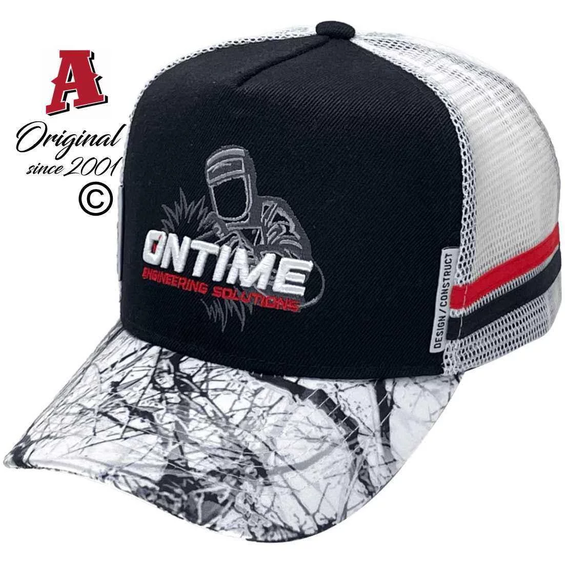 Ontime Engineering Solutions Mudgee NSW Power Aussie Trucker Hats with 3d Configurator Design Your Own Snow Tree Camo Sublimation