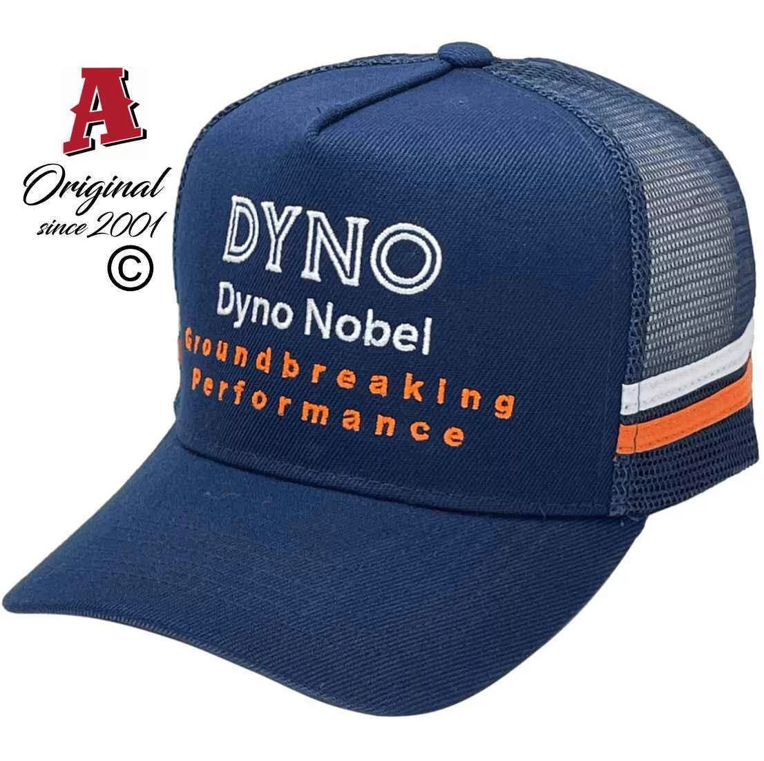 Dyno Noble Murarrie QLD Basic Aussie Trucker Hats with Double SideBands and Australian HeadFit Crown Navy White Orange