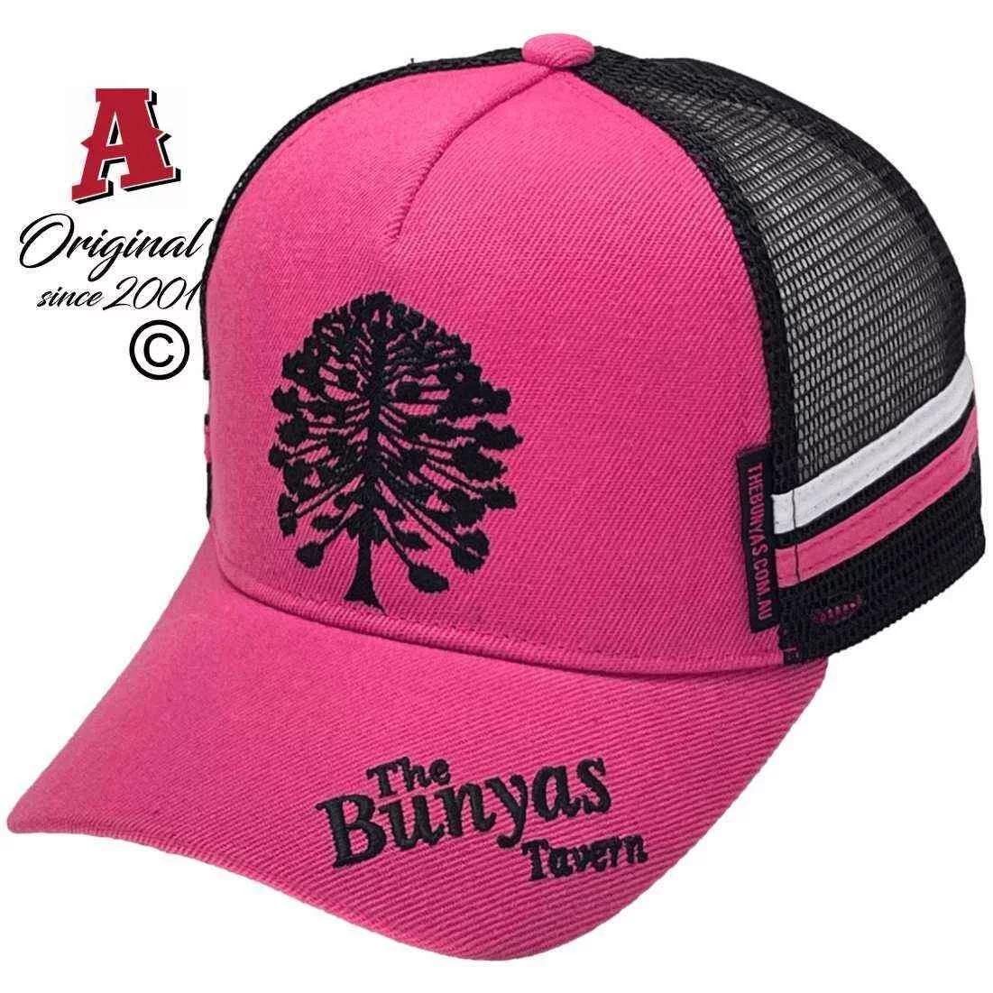 The Bunyas Tavern Bunya Mountains QLD Low Profile Midrange Aussie Trucker Hats with Australian HeadFit Crown and Double SideBands Pink Black