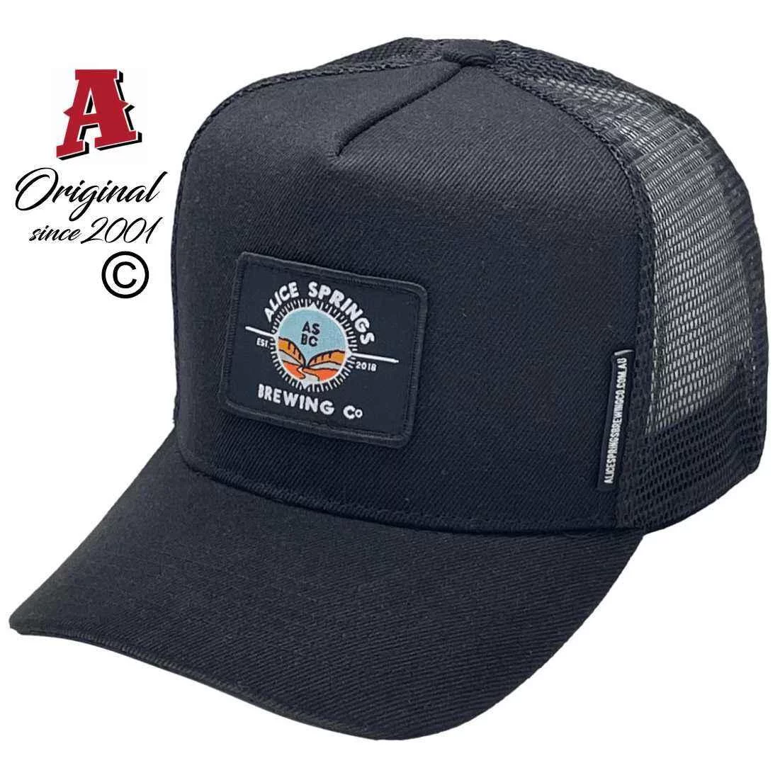 Alice Springs Brewing Co Alice Springs NT Basic Aussie Trucker Hats with Australian HeadFit Crown and Woven Label black Snapback