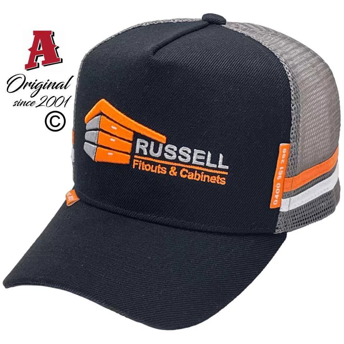 Russell Fitouts & Cabinets Brendale QLD Midrange Aussie Trucker Hats with Double SideBands and Australian HeadFit Crown  black orange White