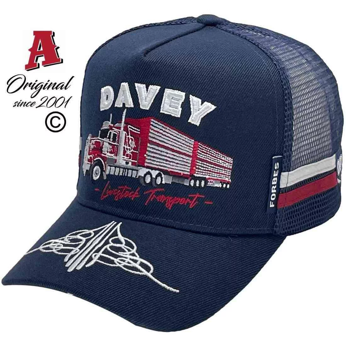Davey Livestock Transport Forbes NSW Power Aussie Trucker Hats HP with Double Sidebands & Australian HeadFit Crown Navy Burgundy Silver