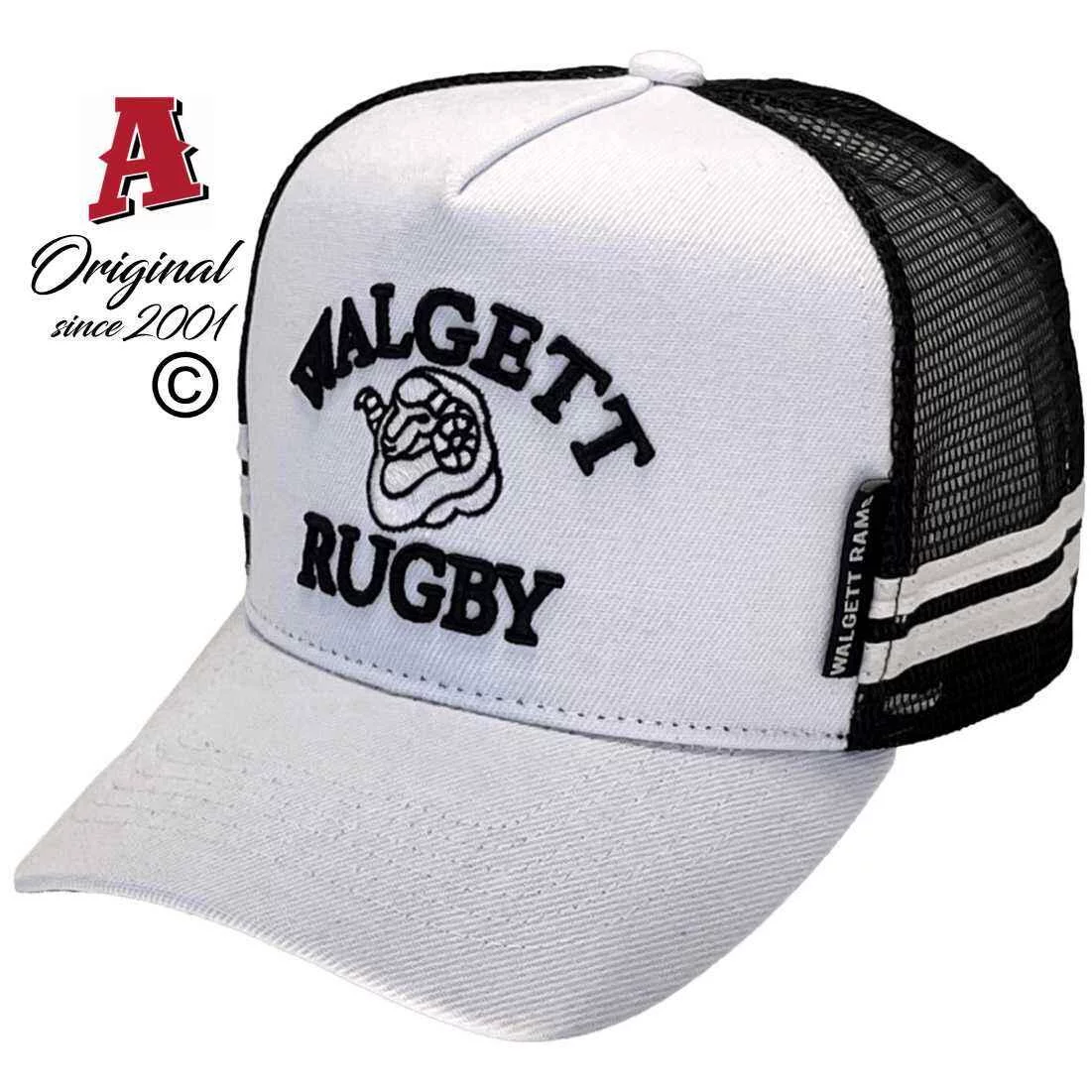 Walgett Rugby Union Walgett NSW Basic Aussie Trucker Hats with Double SideBands & Australian HeadFit Crown White Black Snapback