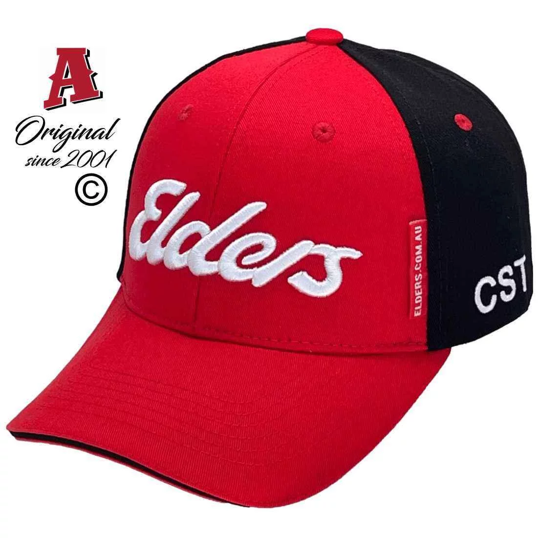 Elders Toowoomba Qld Aussie Custom Baseball Hat with Australian HeadFit Crown and Sandwich Brim Red Black