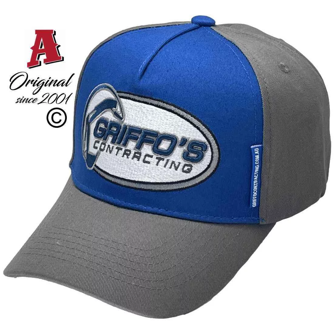 Griffo's Contracting Byfield Qld Aussie Snapback Baseball Caps with Australian HeadFit Crown Charcoal Royal Blue