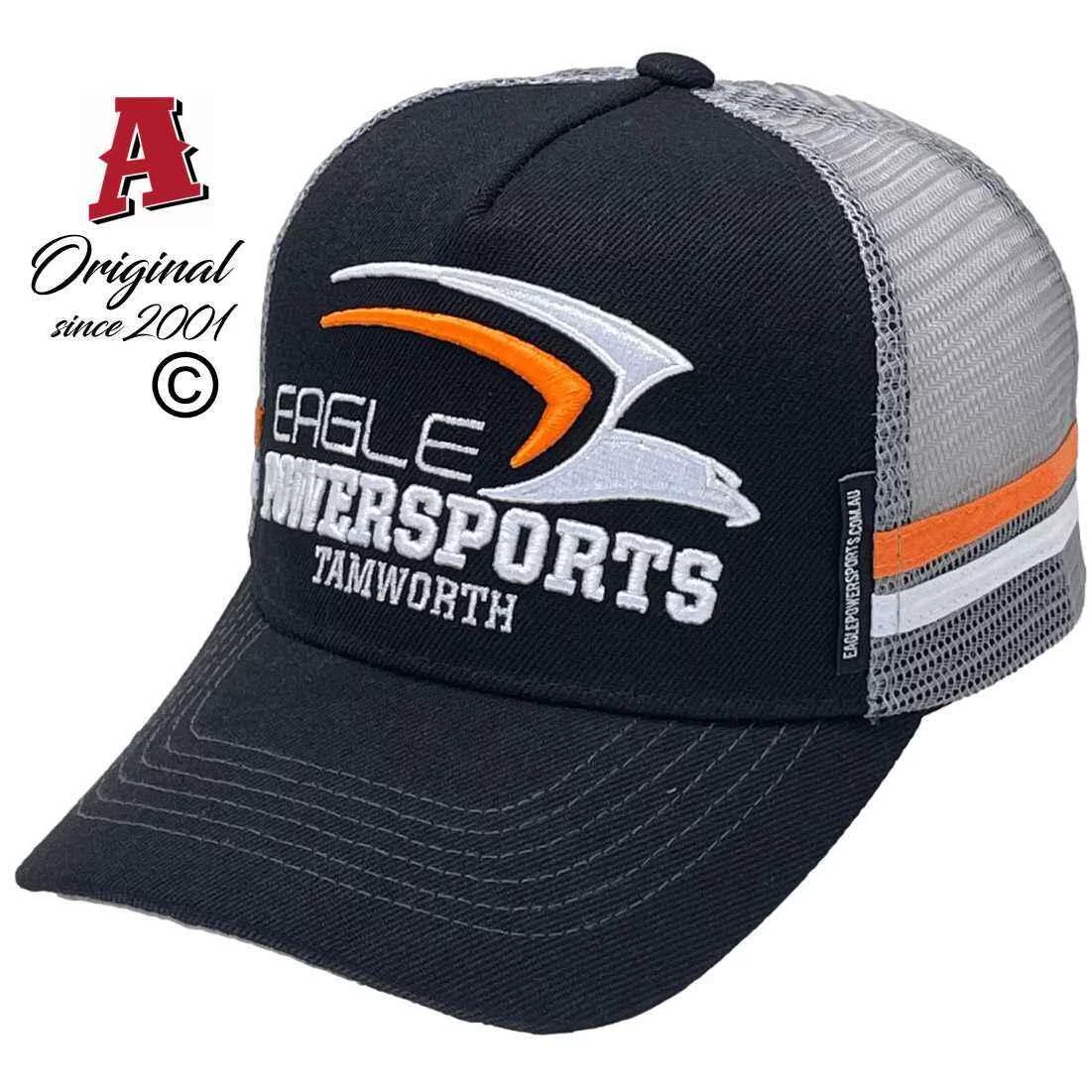 Eagle Powersports Tamworth NSW LP Midrange Aussie Trucker Hats with Australian HeadFit Crown & Double SideBands Black Grey Orange