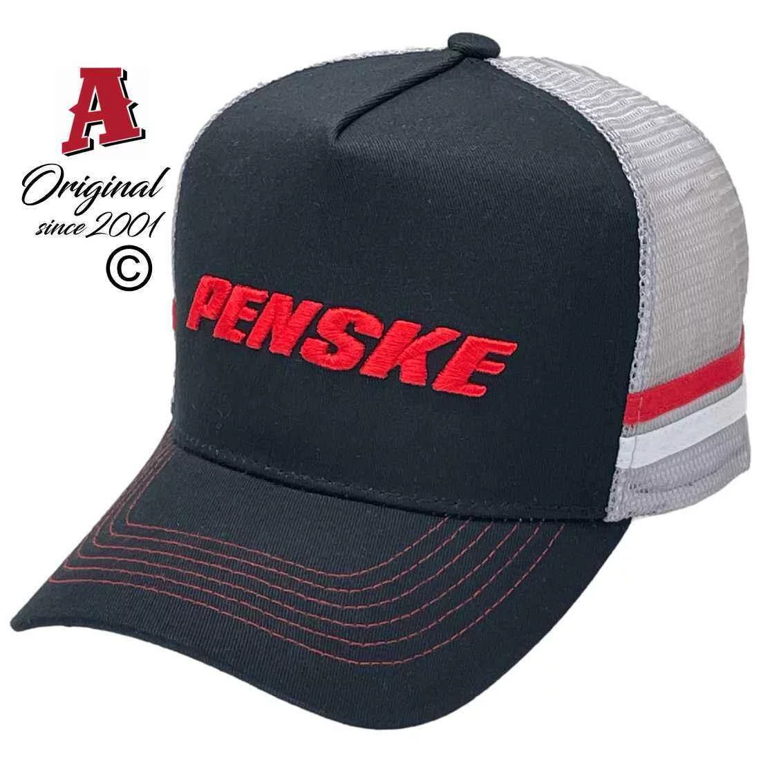 Penske Australia Mackay QLD Basic Aussie Trucker Hat with Australian HeadFit Crown with Double SideBands Black Grey Red White