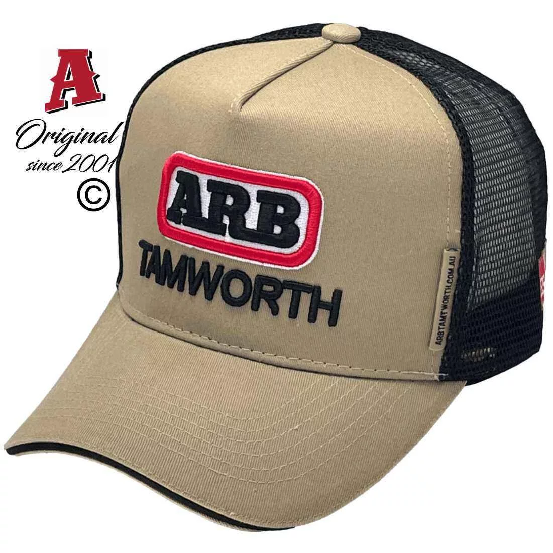 ARB Tamworth NSW Midrange Aussie Trucker Hats HP with Double Side Bands and Australian HeadFit Crown & Sandwich Brim Khaki Black