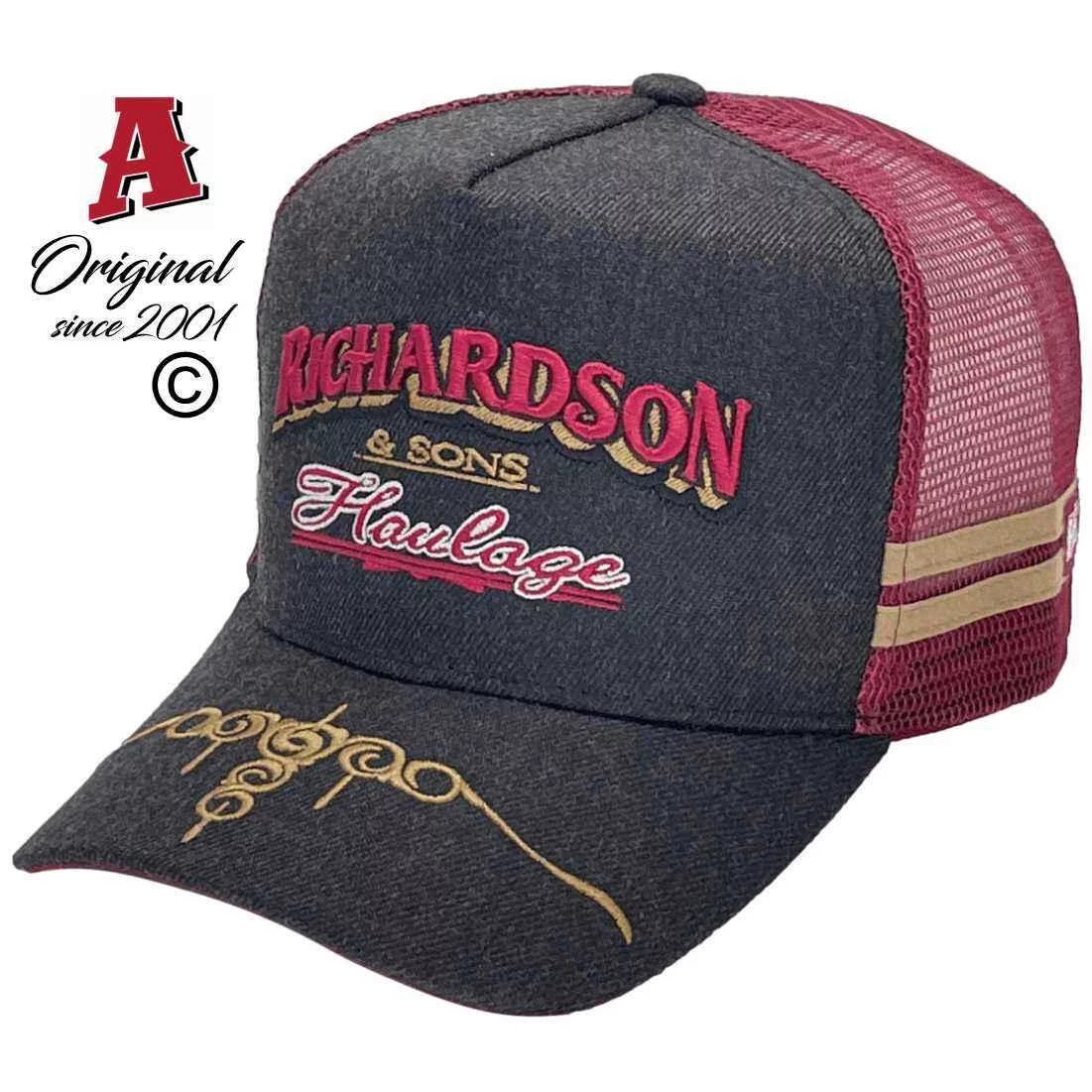 Richardson & Sons Haulage Henty NSW Power Aussie Trucker Hats with Double Side Bands & Australian HeadFit Crown Charcoal, Burgundy, Khaki,