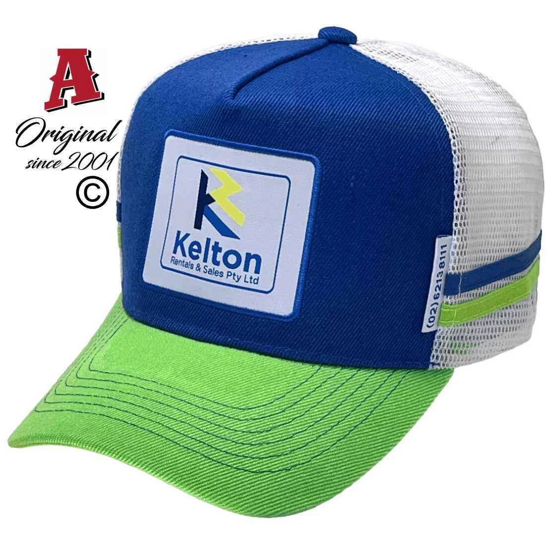 Kelton Rentals & Sales Queanbeyan East NSW HP Basic Aussie Trucker Hats with Double SideBands & Australian HeadFit Crown Royal White Lime