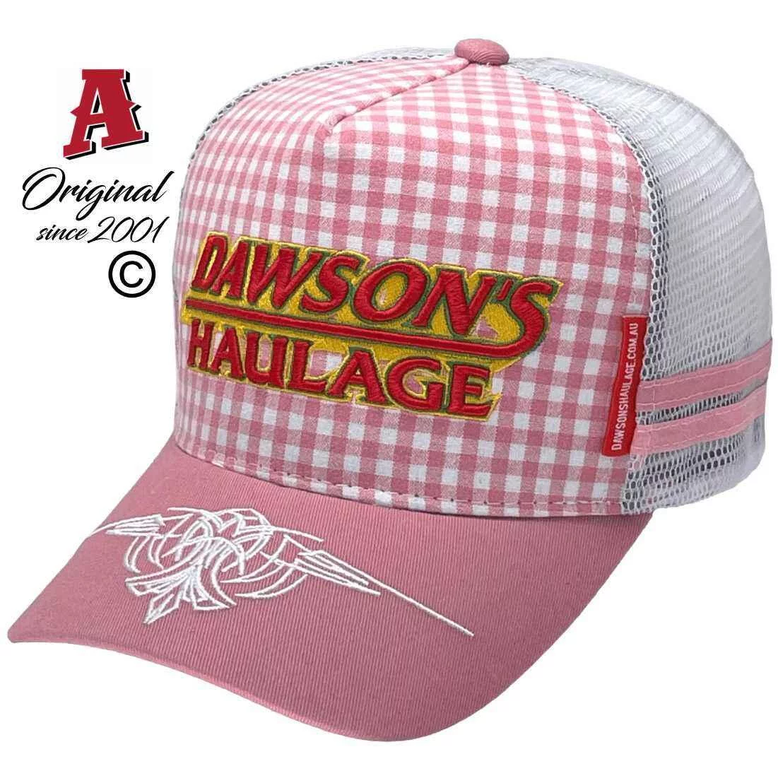 Dawsons Haulage BARANDUDA VIC HP Power Aussie Trucker Hats with Double SideBands and Australian HeadFit Crown Pink Gingham White