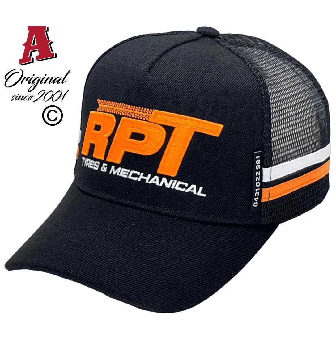 RPT Tyres & Mechanical Dysart QLD Basic Aussie Trucker Hats with Australian HeadFit Crown and Double Side Bands Black Orange Snapback