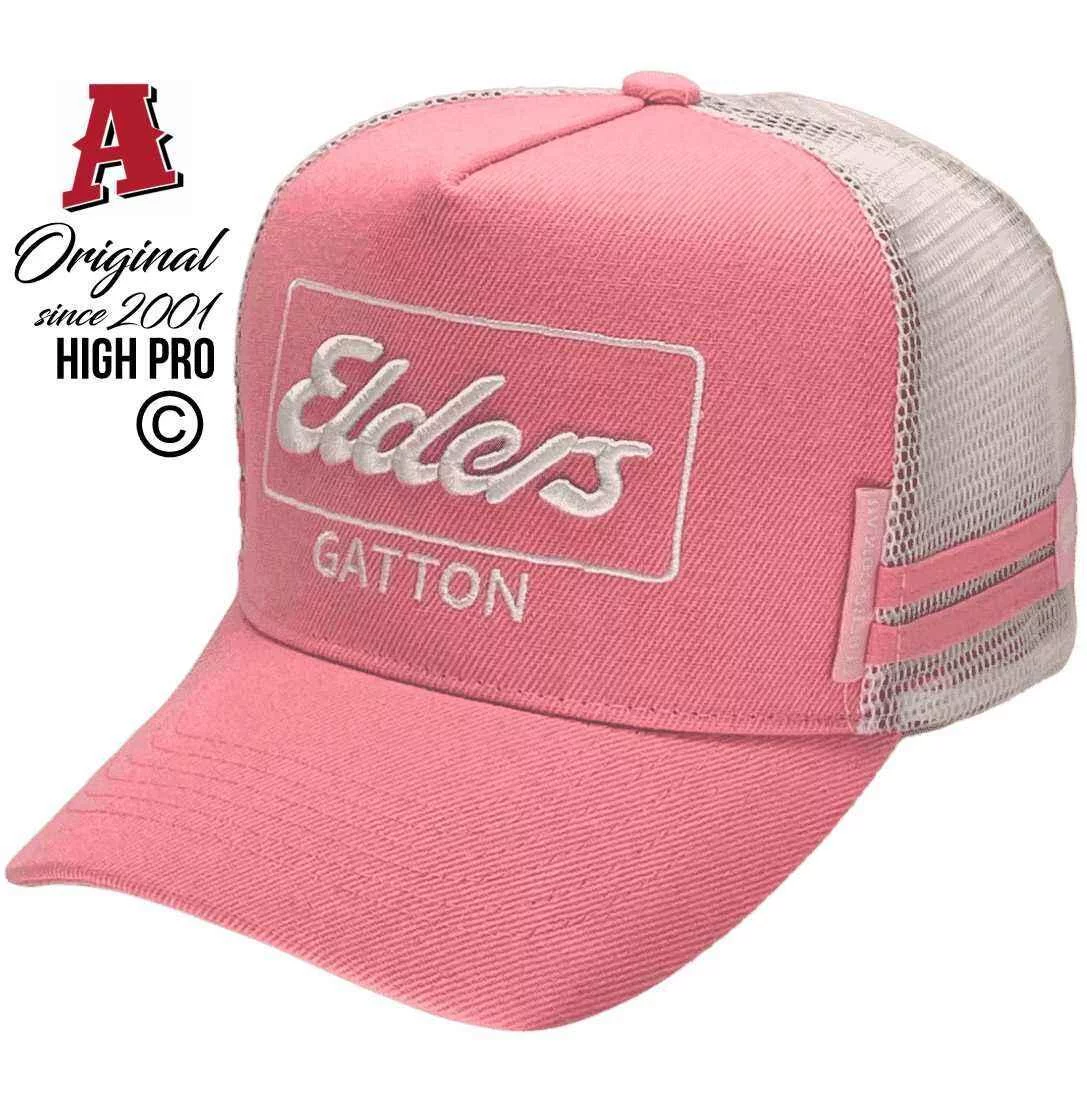 Elders Gatton QLD Basic Aussie Trucker Hats with Australian HeadFit Crown & 2 SideBands Snapback Pink White High Profile