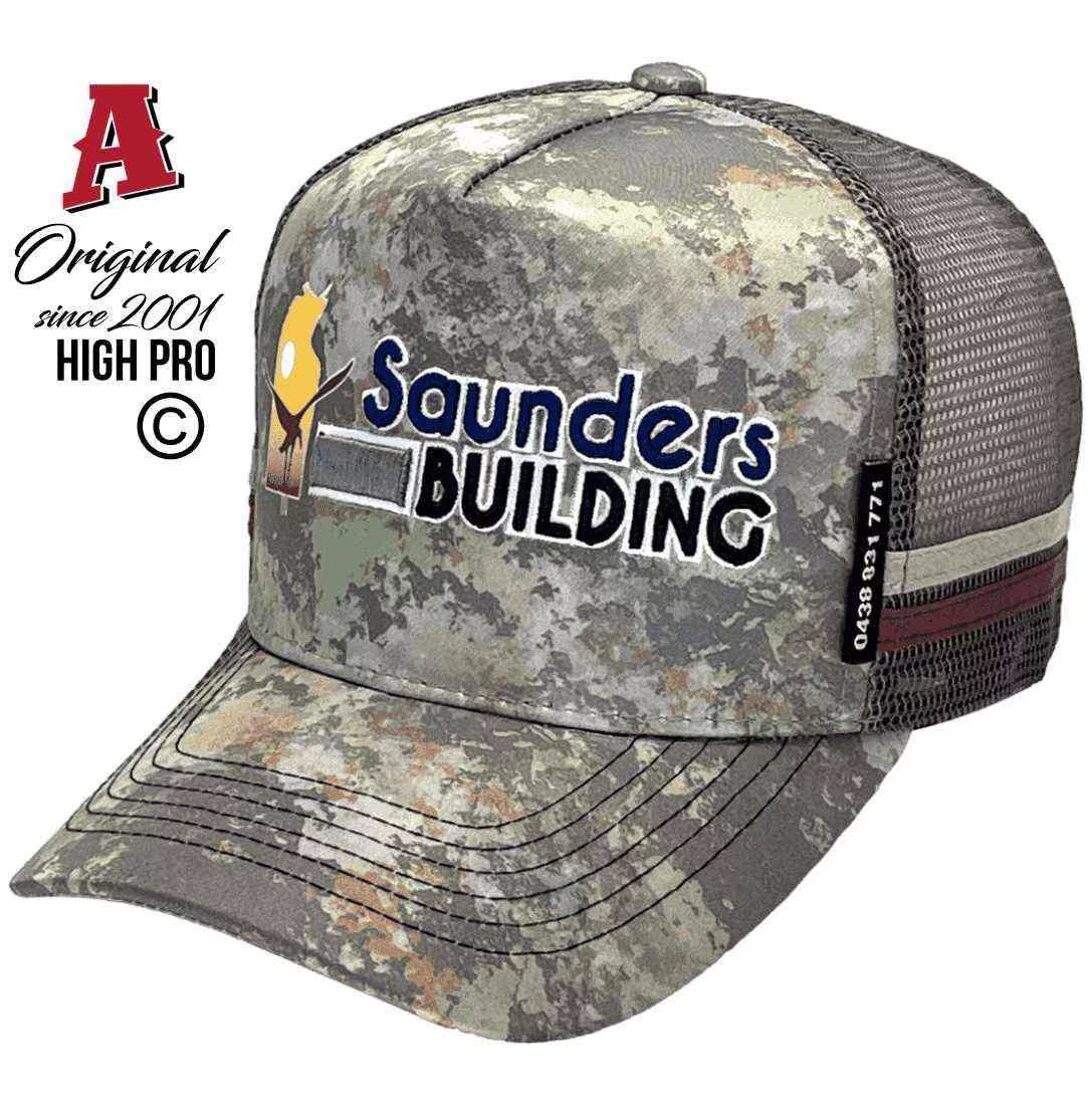 Saunders Building Howard Springs NT Midrange Aussie Trucker Hats with Australian HeadFit Crown and Double SideBands Sydney Camo Fabric